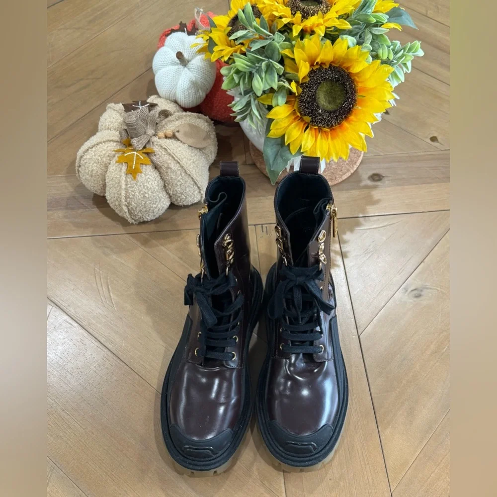 Dolce & Gabbana Brown Black Leather Boots Zipper Lace Up Men's Shoes